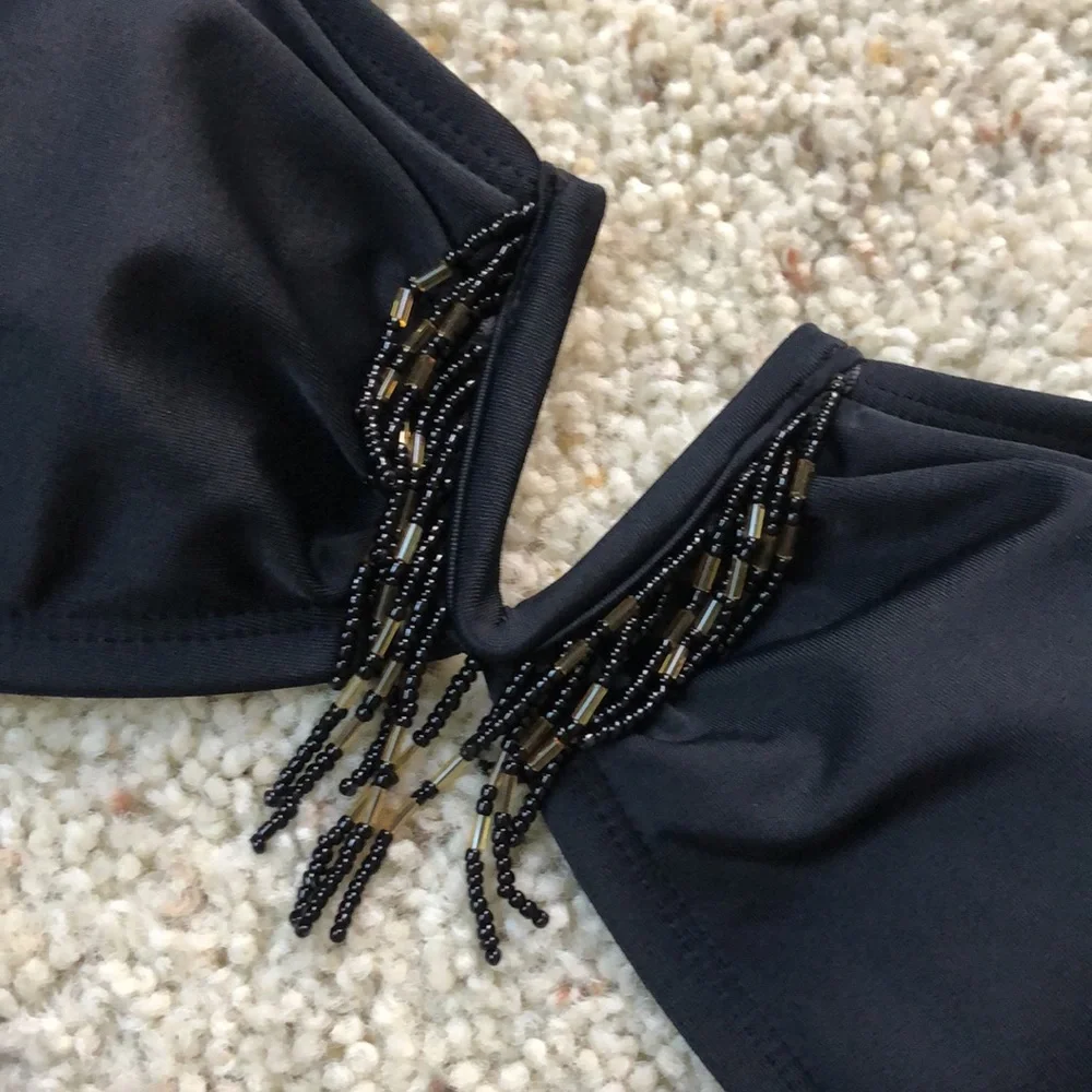 Black Beaded Fringe Bikini Top - Picture 2 of 5